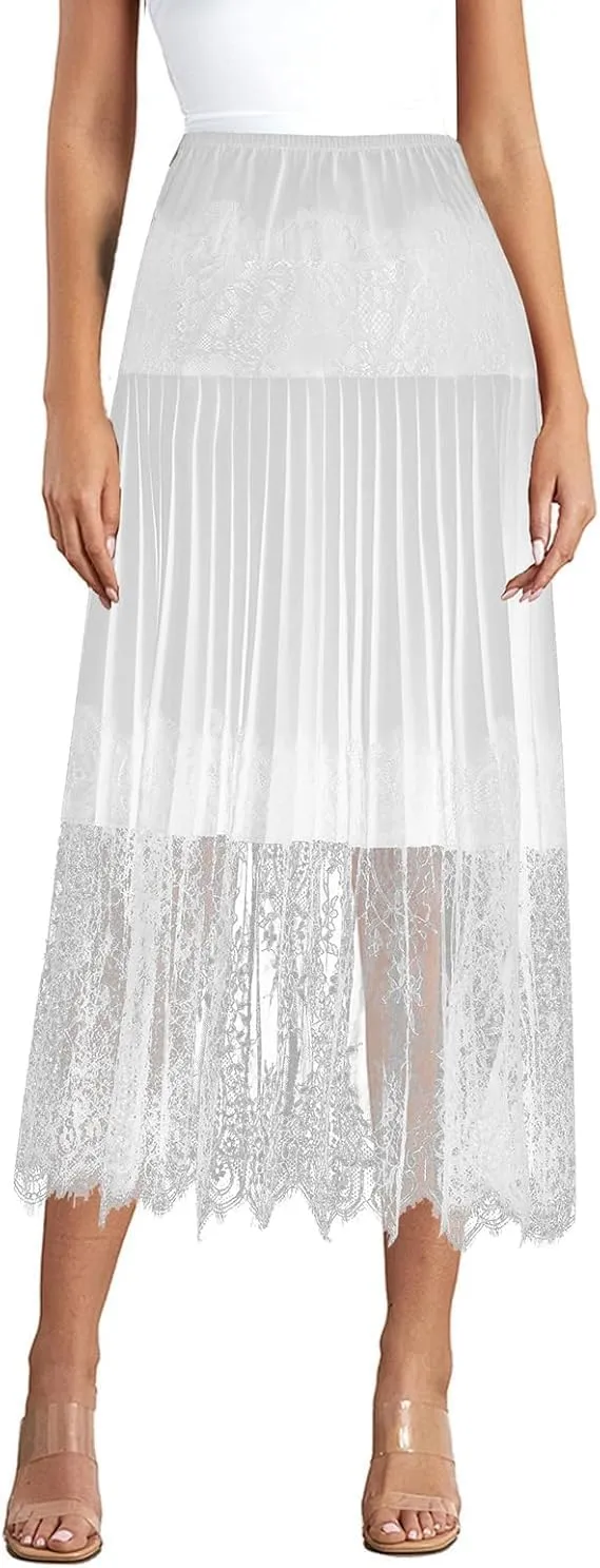 Women Lace Long Half Slip Skirt Y2k Ruffle Midi Rise Underskirt Layered Pleated Flowy Midi Skirt for Dress