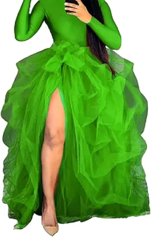 Women Long Tulle Tutu Skirts Layered A-Line Puff Mesh Skirt Floor Length Split Half-Dress Ruffle Princess Skirt