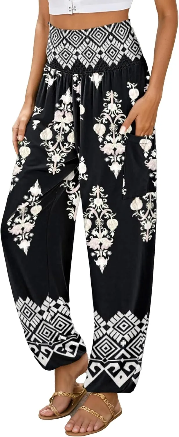 Women Loose Baggy Boho Floral Print Harem Hippie Pant Casual High Waist Yoga Beach Palazzo Trouser Jogger with Pocket