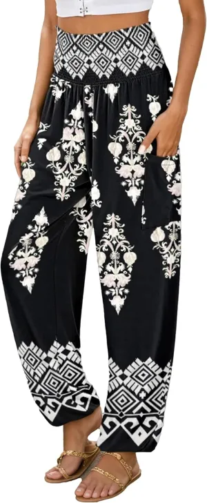 Women Loose Baggy Boho Floral Print Harem Hippie Pant Casual High Waist Yoga Beach Palazzo Trouser Jogger with Pocket