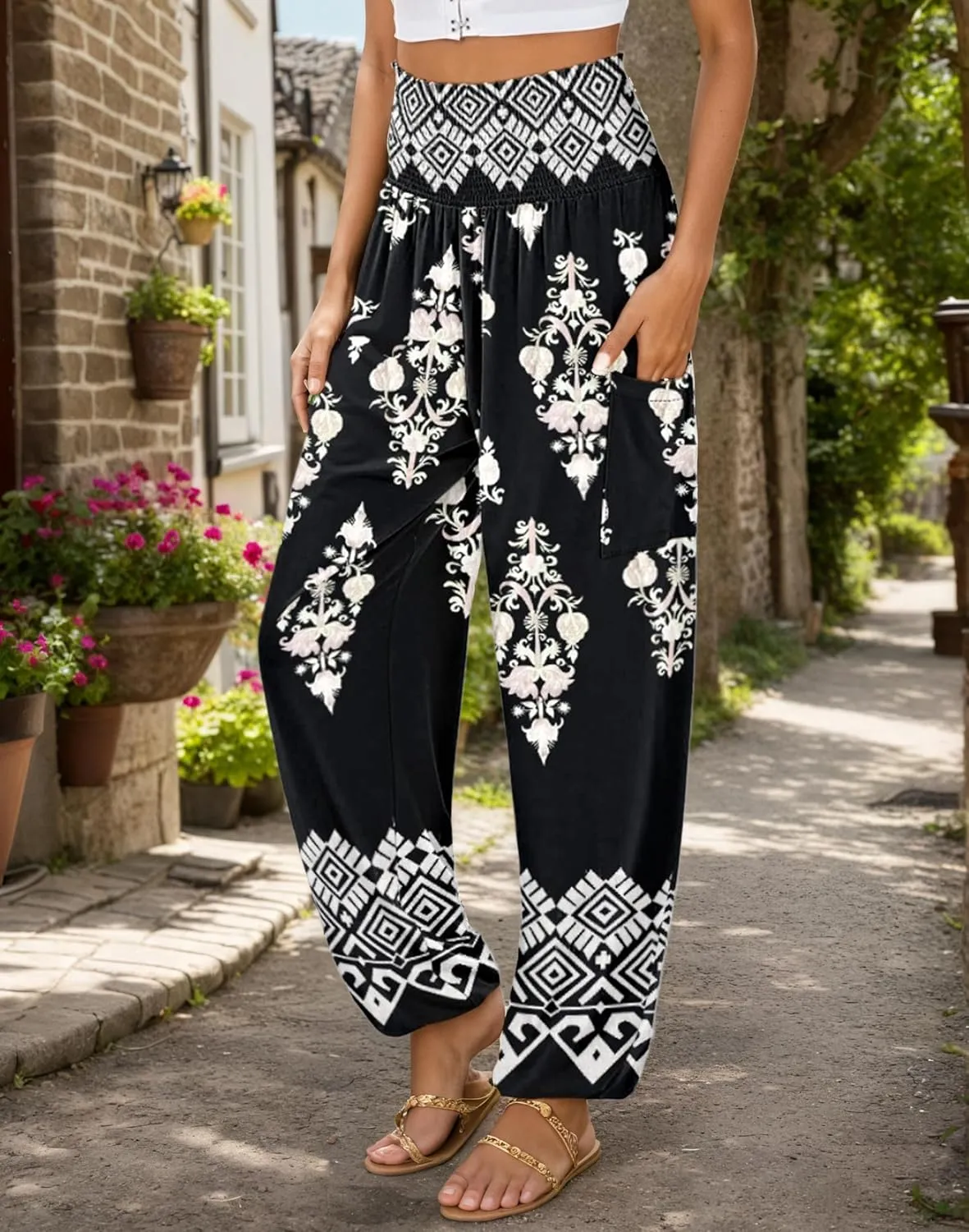 Women Loose Baggy Boho Floral Print Harem Hippie Pant Casual High Waist Yoga Beach Palazzo Trouser Jogger with Pocket