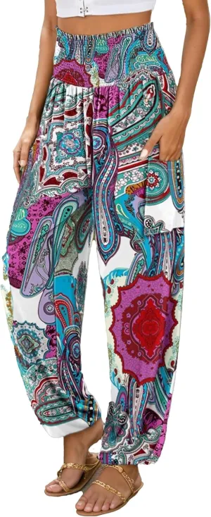 Women Loose Baggy Boho Floral Print Harem Hippie Pant Casual High Waist Yoga Beach Palazzo Trouser Jogger with Pocket