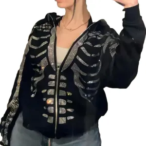 Women Men Oversized Zip Up Hoodie Sweatshirt Rhinestone Skeleton Sweatshirt Loose Fit Aesthetic Hoodies
