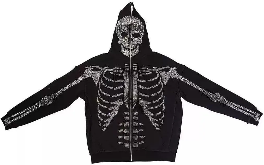 Women Men Oversized Zip Up Hoodie Sweatshirt Rhinestone Skeleton Sweatshirt Loose Fit Aesthetic Hoodies
