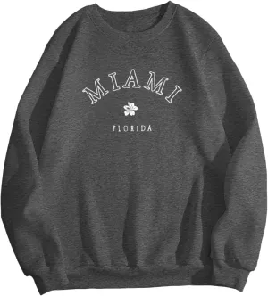 Women Miami Letter Graphic Print Oversized Sweatshirt Fleece Crewneck Long Sleeve Drop Shoulder Pullover Fall Clothes