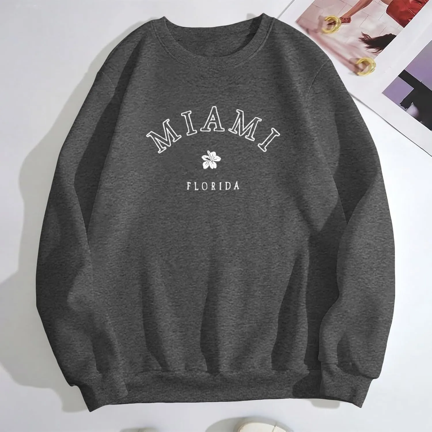 Women Miami Letter Graphic Print Oversized Sweatshirt Fleece Crewneck Long Sleeve Drop Shoulder Pullover Fall Clothes