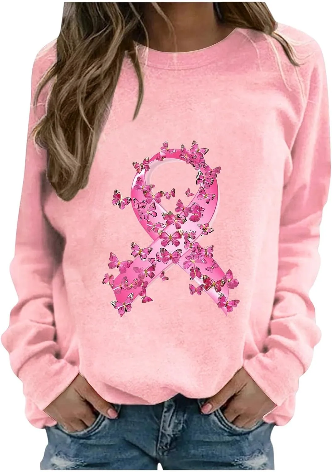 Women Oversized Sweatshirt Breast Cancer Fight Awareness Long Sleeve Crewneck Hoodies Shirts Pullover Top