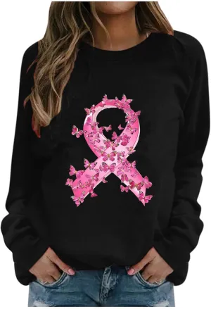 Women Oversized Sweatshirt Breast Cancer Fight Awareness Long Sleeve Crewneck Hoodies Shirts Pullover Top