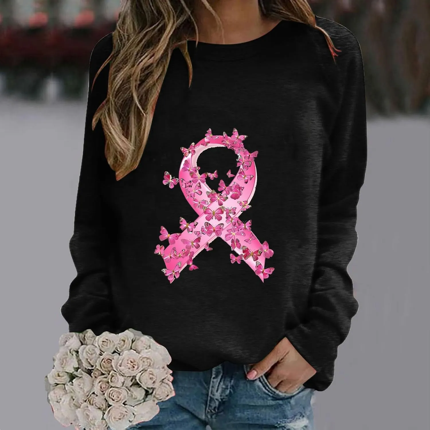 Women Oversized Sweatshirt Breast Cancer Fight Awareness Long Sleeve Crewneck Hoodies Shirts Pullover Top
