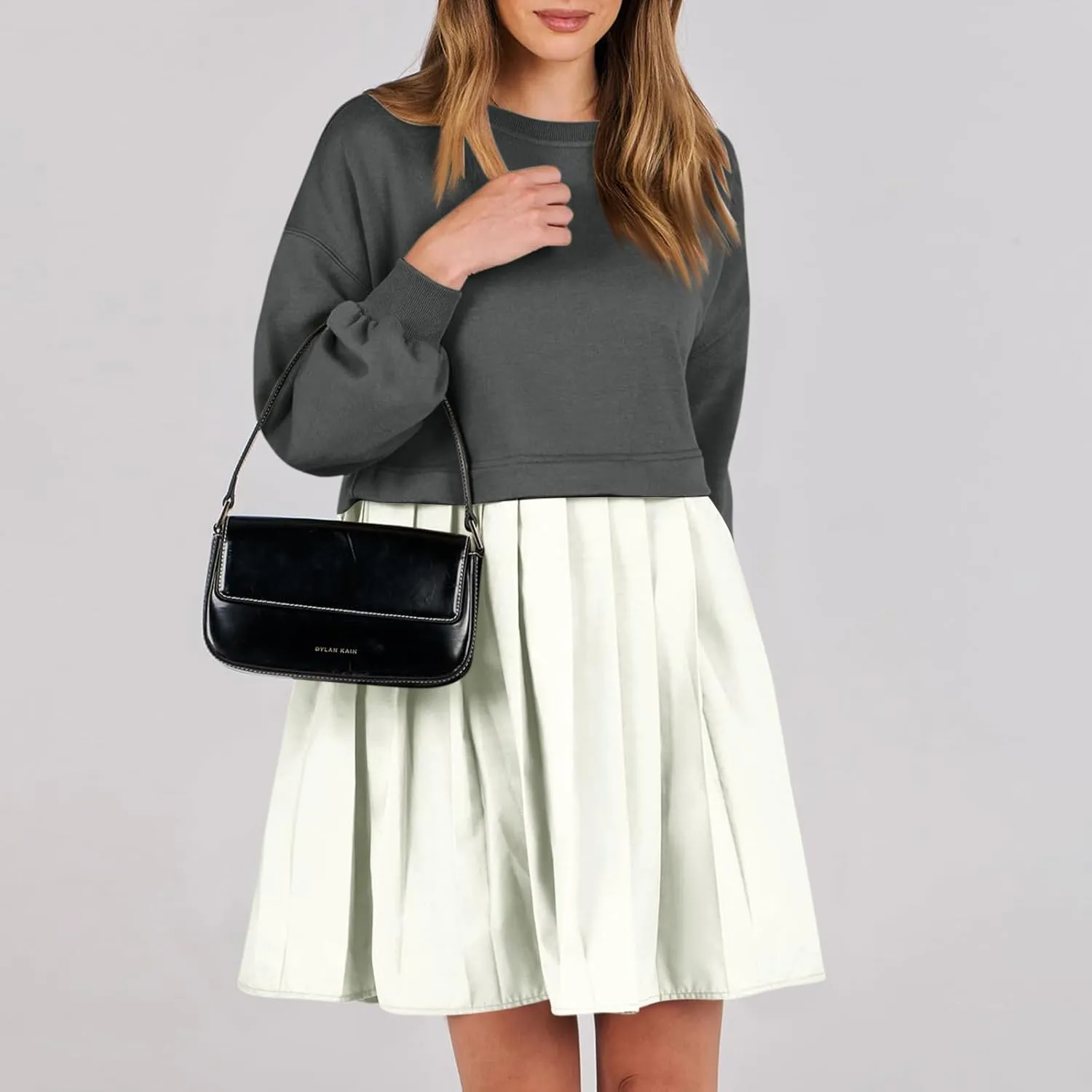 Women Oversized Sweatshirt Dress Long Sleeve Patchwork Crewneck Babydoll Pullover Flowy Pleated Layered Mini Dress