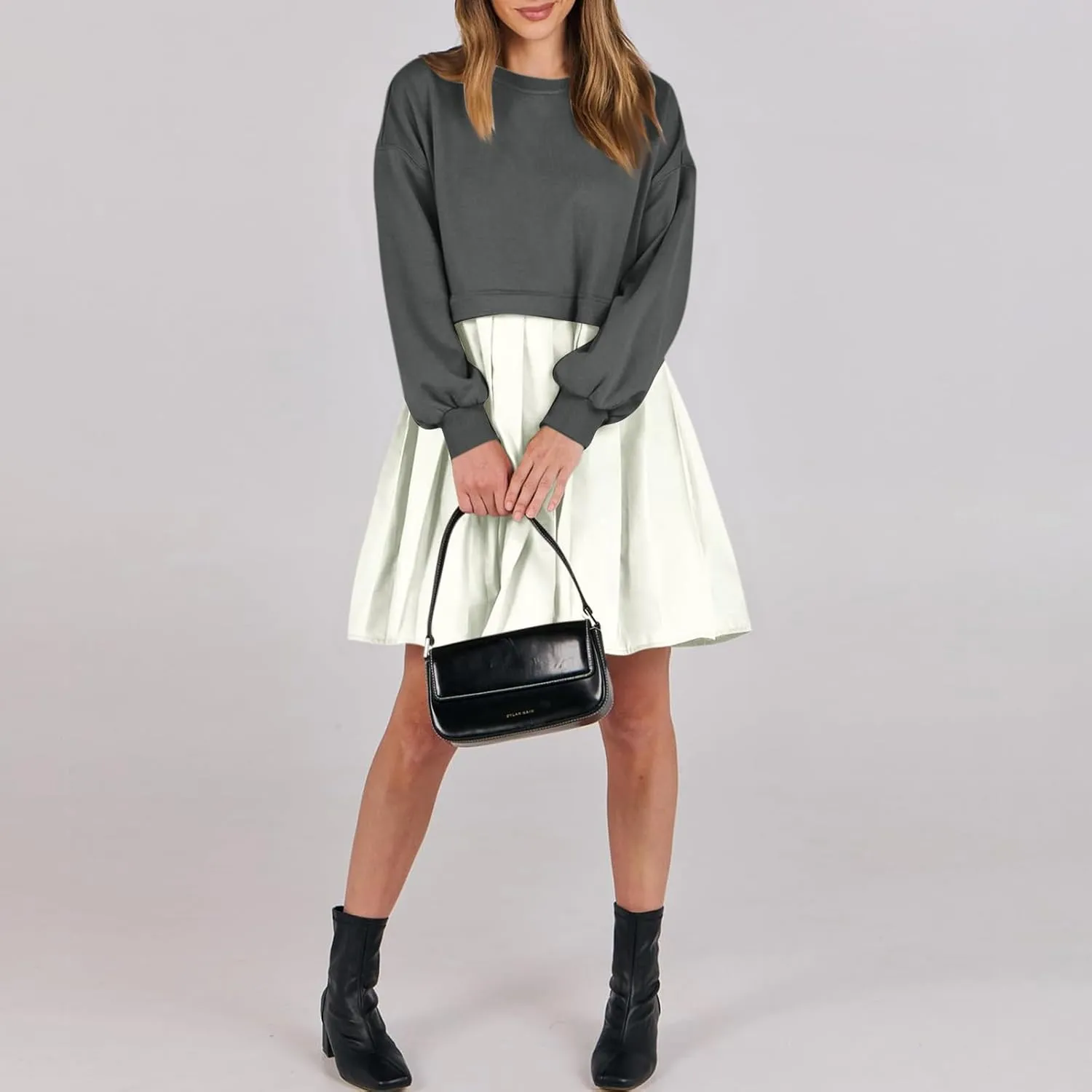 Women Oversized Sweatshirt Dress Long Sleeve Patchwork Crewneck Babydoll Pullover Flowy Pleated Layered Mini Dress