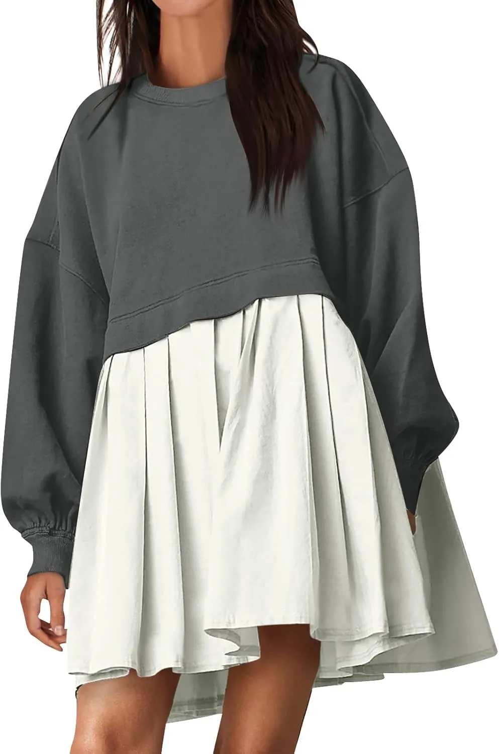 Women Oversized Sweatshirt Dress Long Sleeve Patchwork Crewneck Babydoll Pullover Flowy Pleated Layered Mini Dress