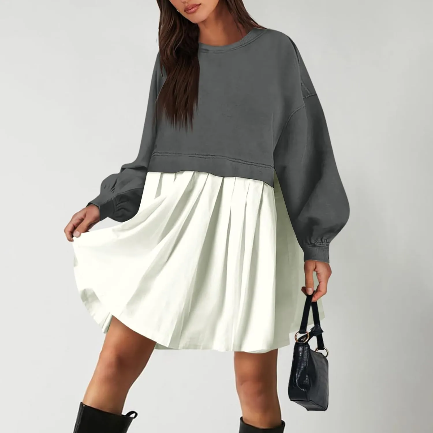 Women Oversized Sweatshirt Dress Long Sleeve Patchwork Crewneck Babydoll Pullover Flowy Pleated Layered Mini Dress