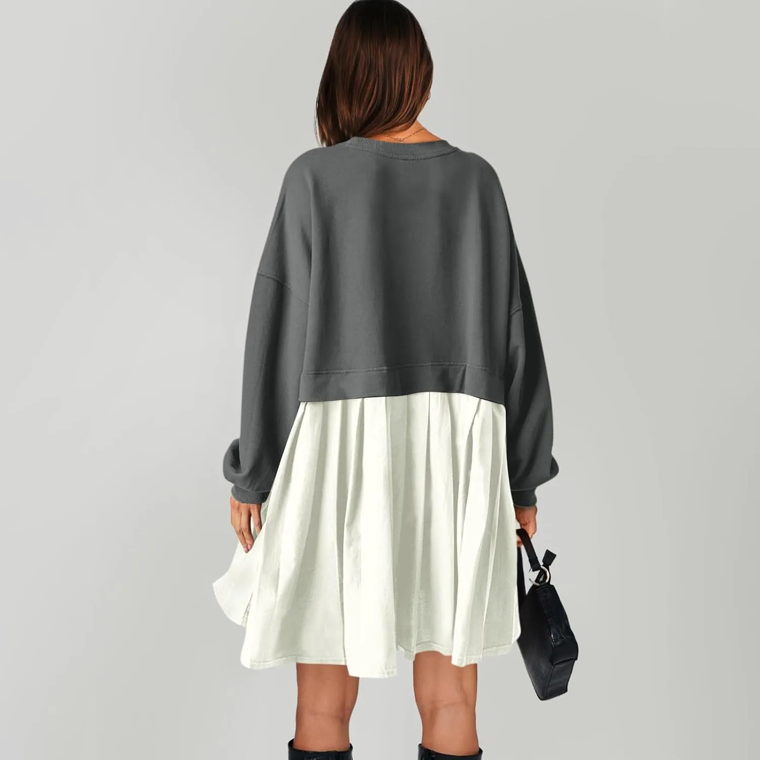 Women Oversized Sweatshirt Dress Long Sleeve Patchwork Crewneck Babydoll Pullover Flowy Pleated Layered Mini Dress