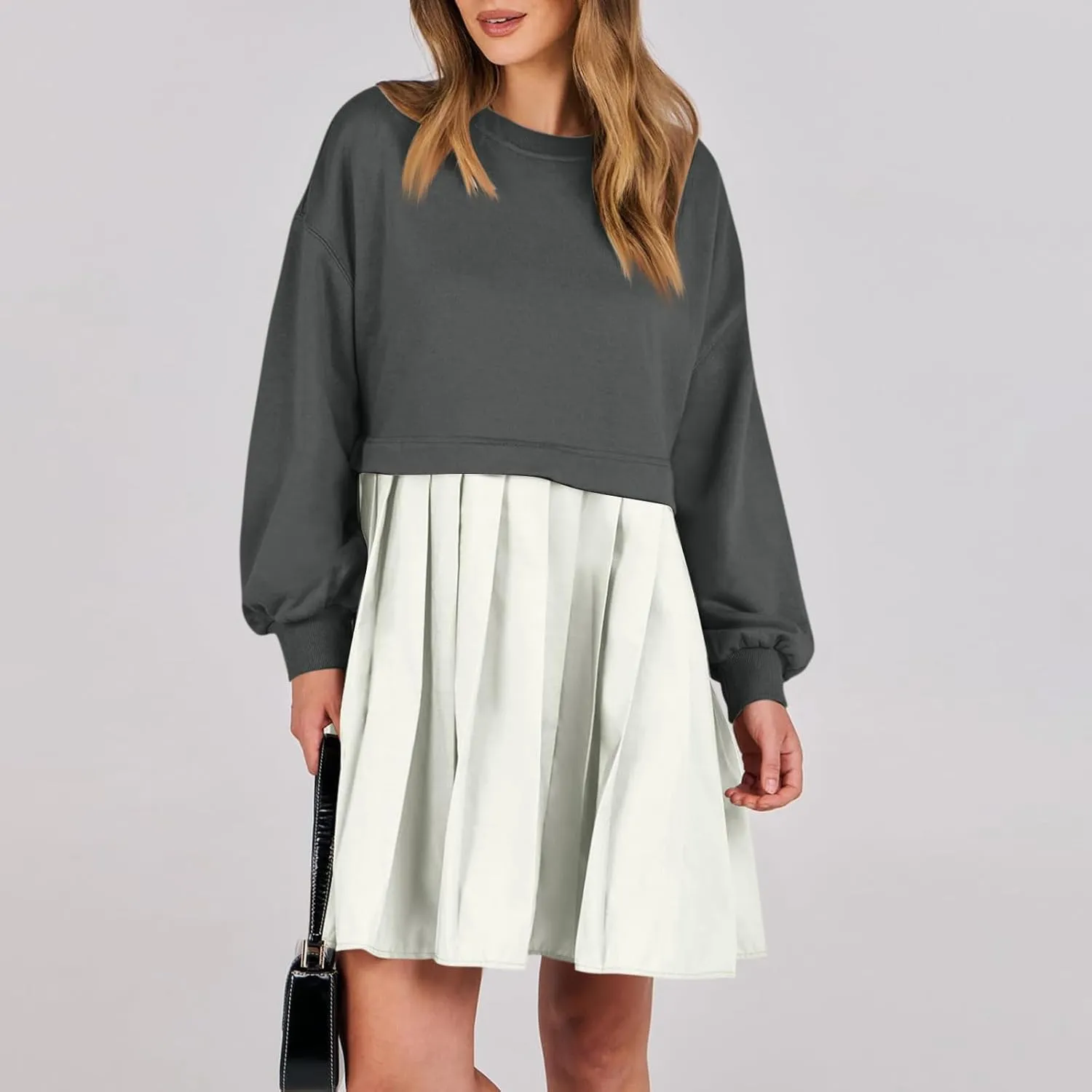 Women Oversized Sweatshirt Dress Long Sleeve Patchwork Crewneck Babydoll Pullover Flowy Pleated Layered Mini Dress