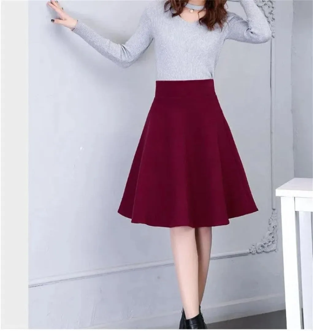 Women Solid High Waist Pockets Pleated A-Line Bubble Skirt