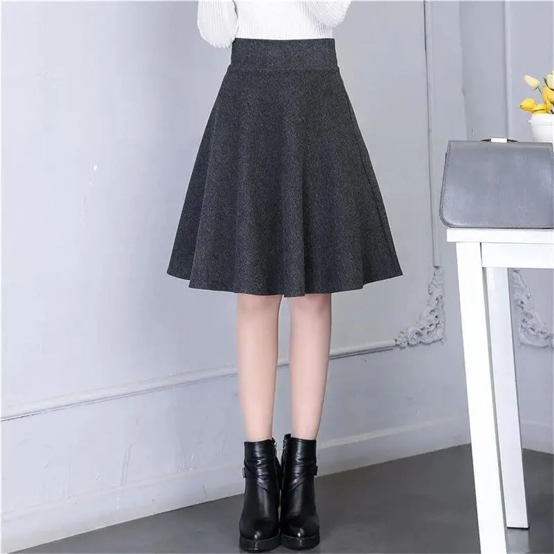 Women Solid High Waist Pockets Pleated A-Line Bubble Skirt