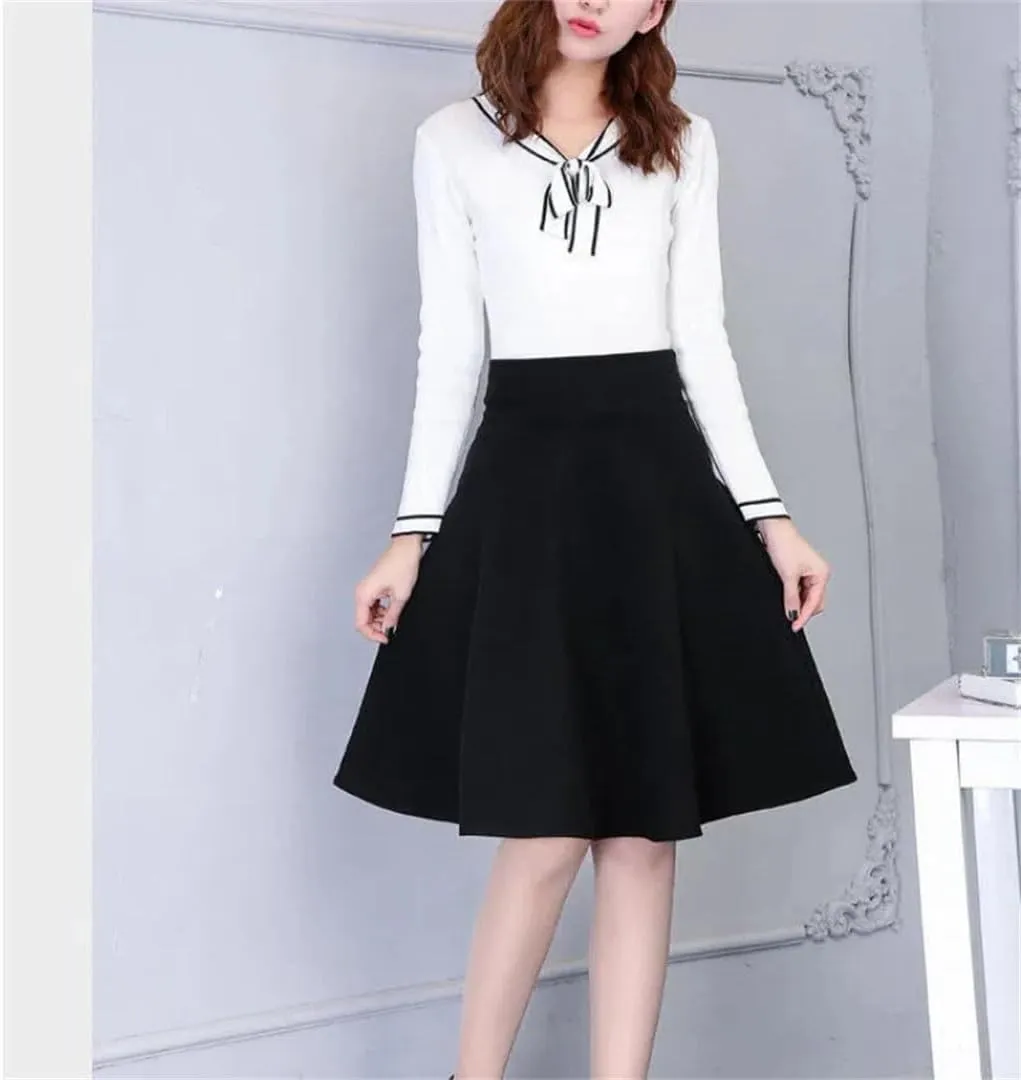 Women Solid High Waist Pockets Pleated A-Line Bubble Skirt