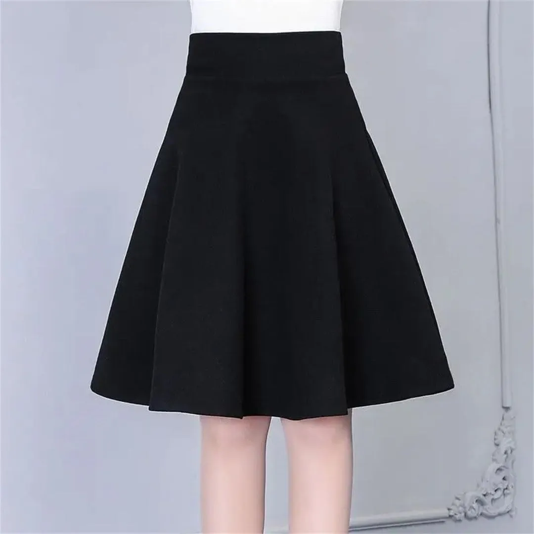 Women Solid High Waist Pockets Pleated A-Line Bubble Skirt