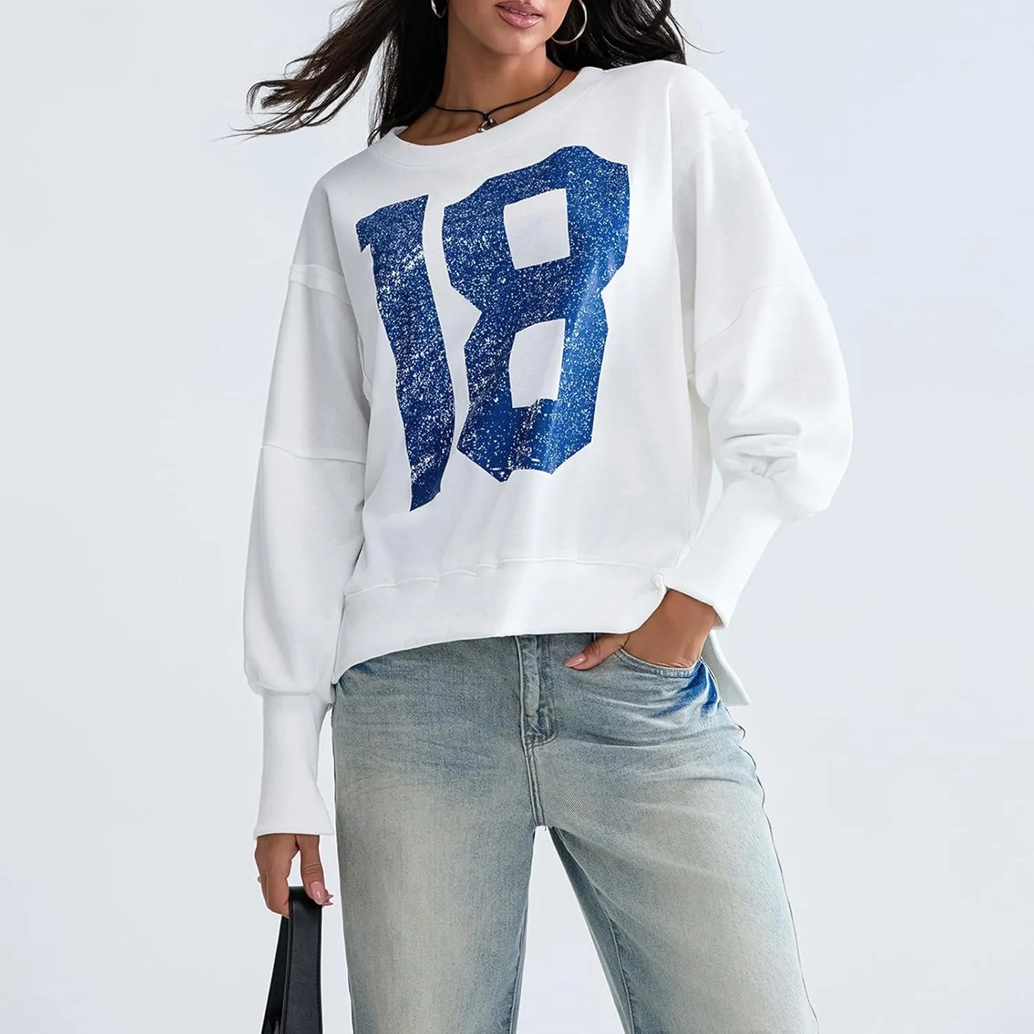 Women Star Striped Graphic Sweatshirt Long Sleeve Crew Neck Oversized Hoodie Casual Drop Shoulder Pullover Jacket