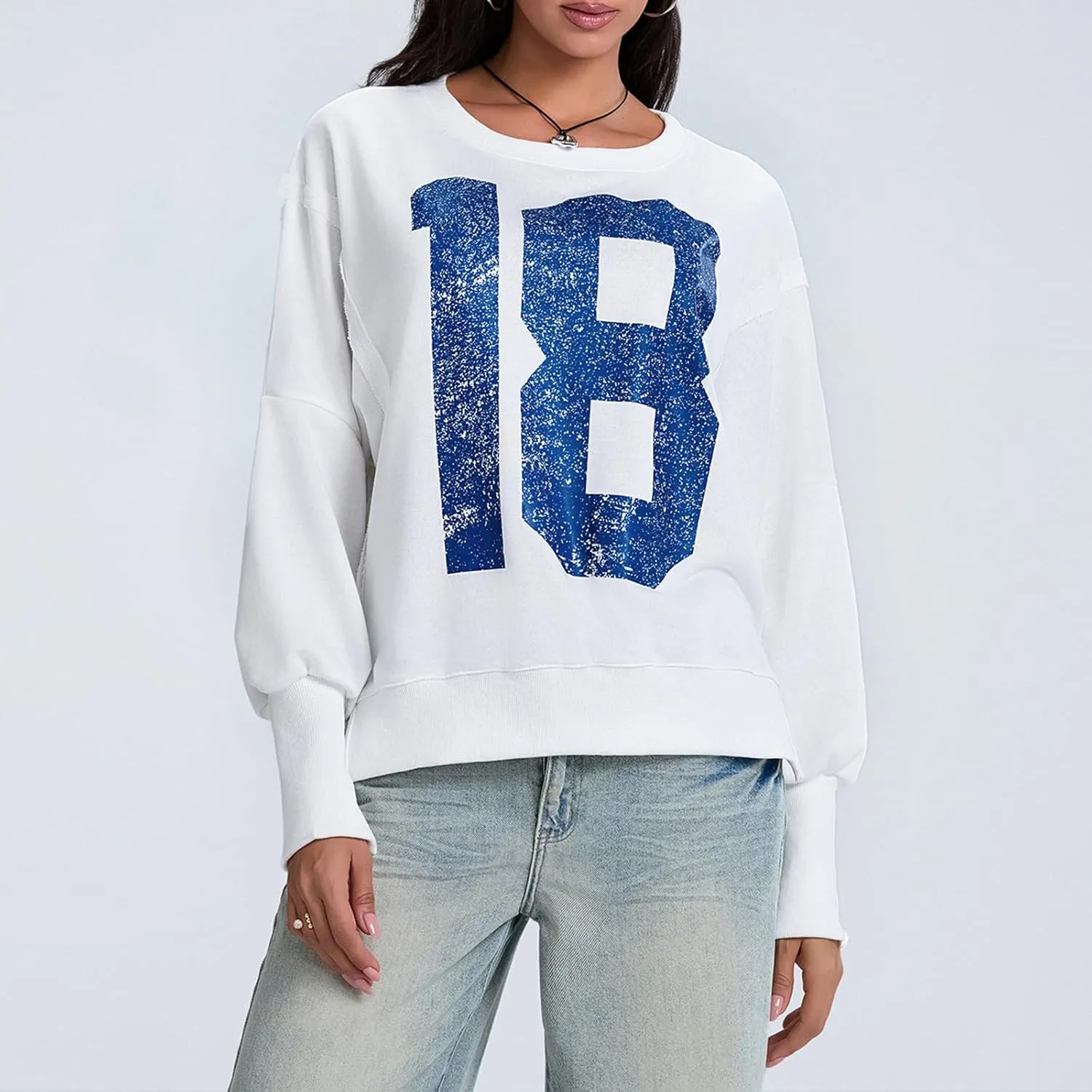 Women Star Striped Graphic Sweatshirt Long Sleeve Crew Neck Oversized Hoodie Casual Drop Shoulder Pullover Jacket