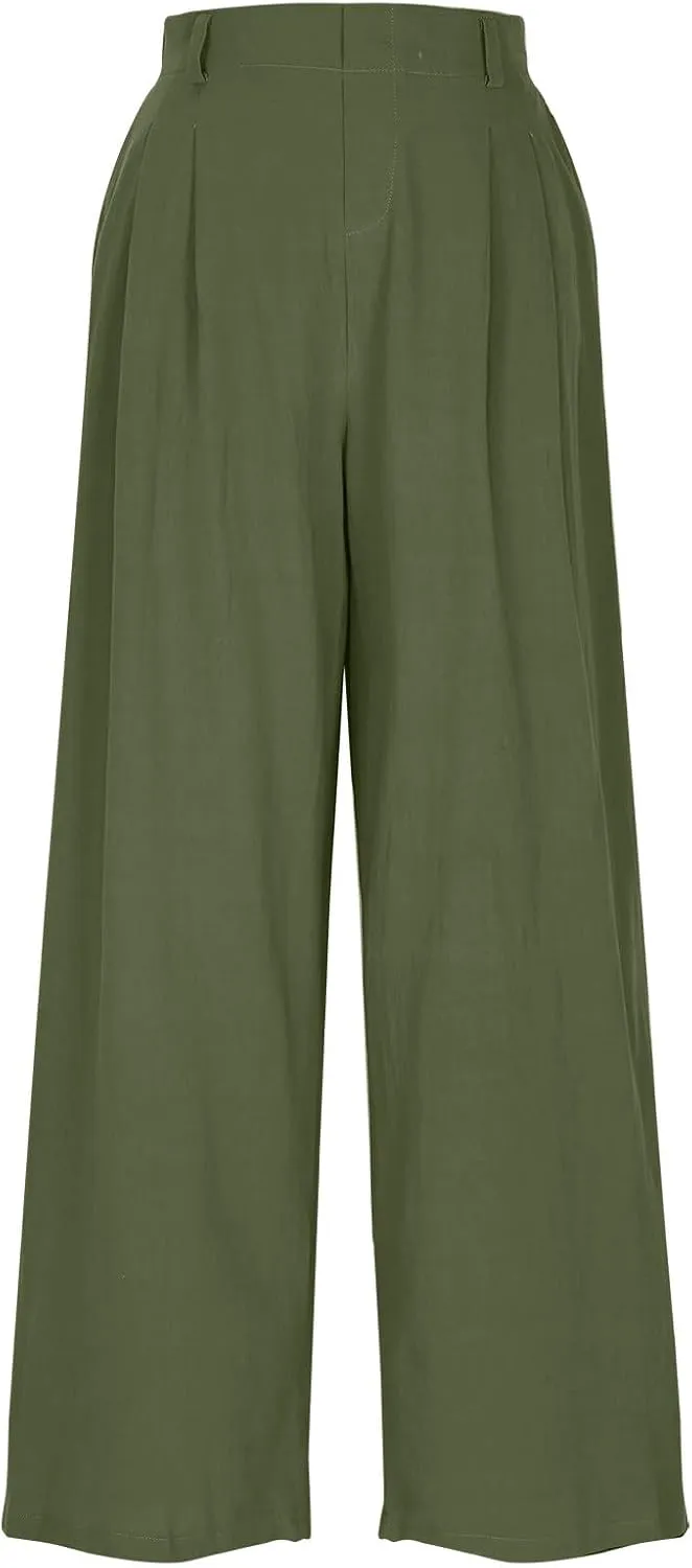 Women Summer Linen Pants Wide Leg High Waisted Capris Casaul Loose Fit Trousers with Pocket Beach Travel Outfits 2025