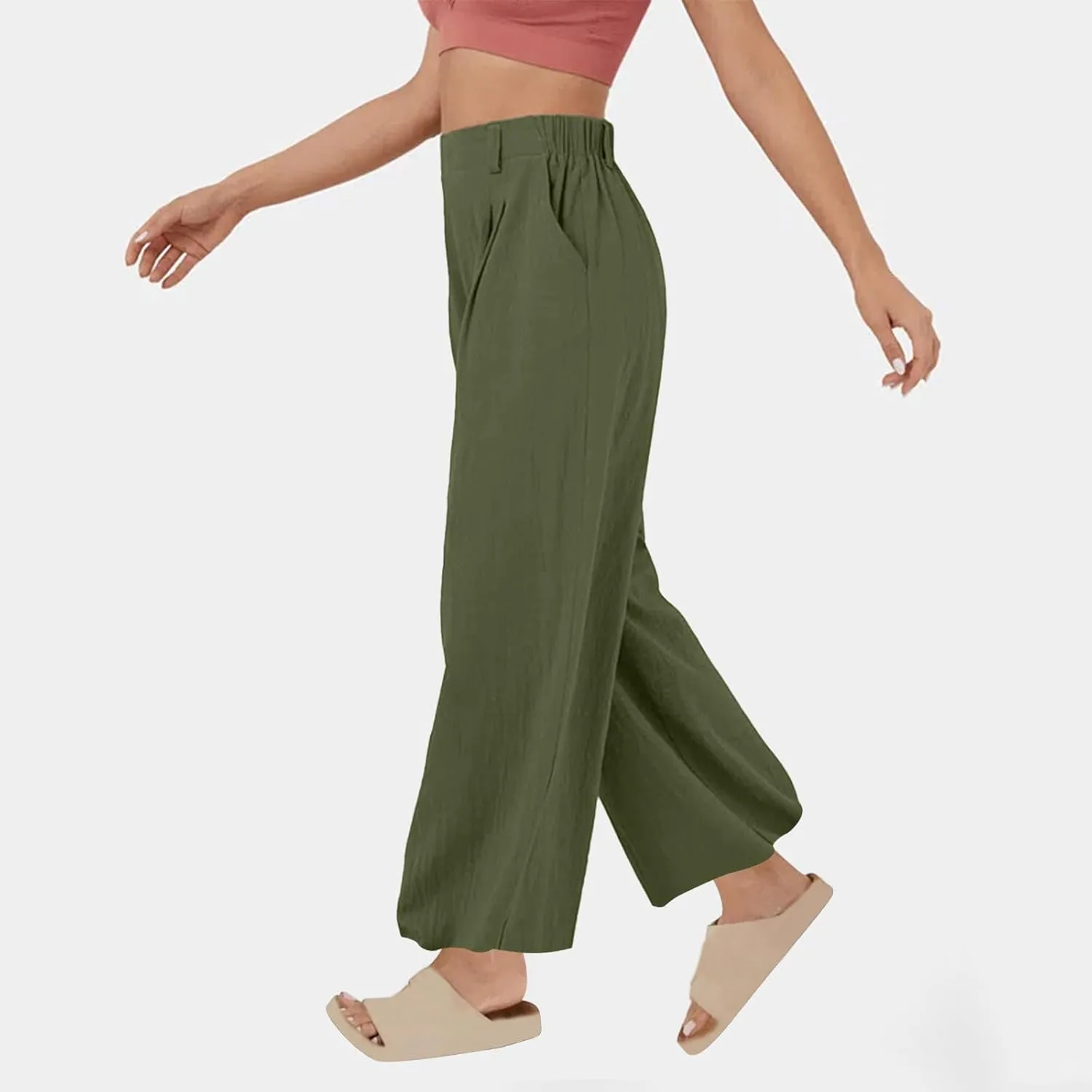 Women Summer Linen Pants Wide Leg High Waisted Capris Casaul Loose Fit Trousers with Pocket Beach Travel Outfits 2025