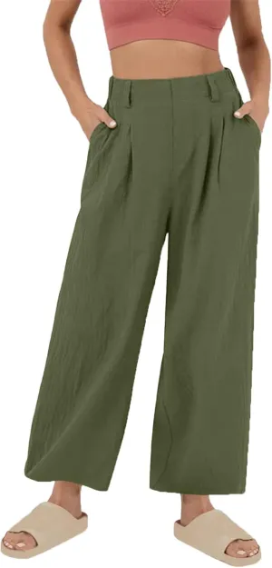 Women Summer Linen Pants Wide Leg High Waisted Capris Casaul Loose Fit Trousers with Pocket Beach Travel Outfits 2025