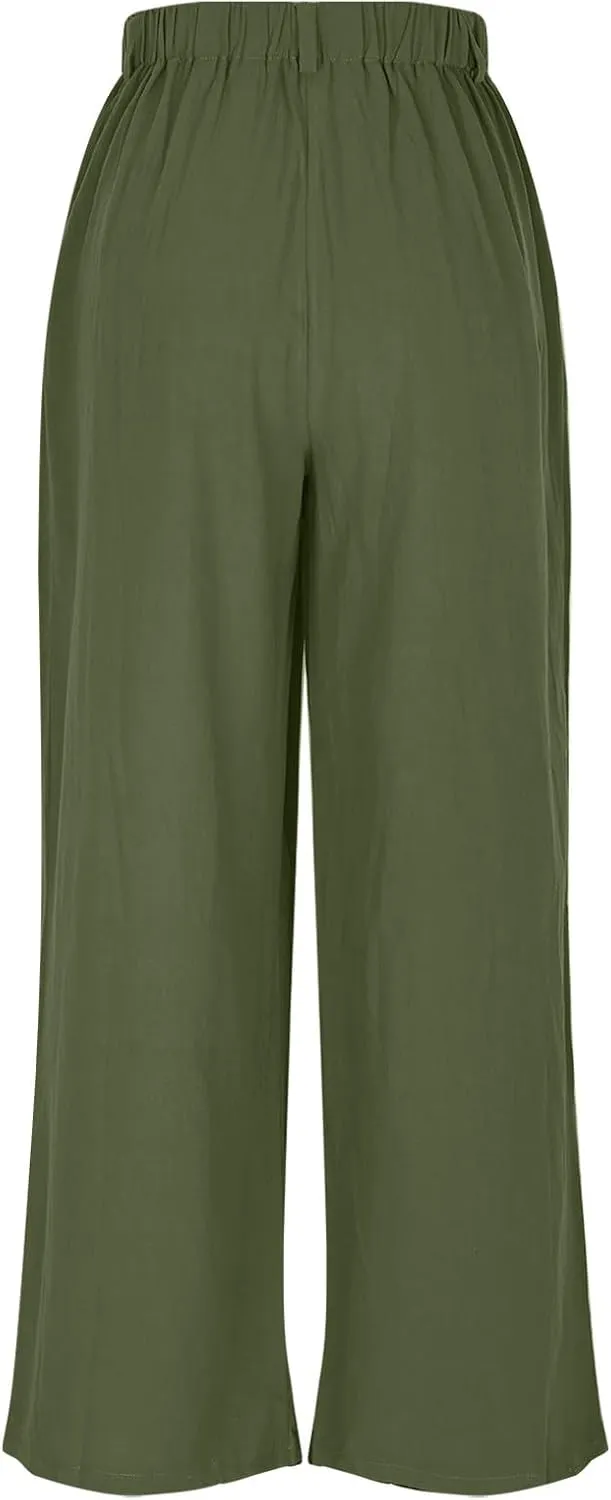 Women Summer Linen Pants Wide Leg High Waisted Capris Casaul Loose Fit Trousers with Pocket Beach Travel Outfits 2025