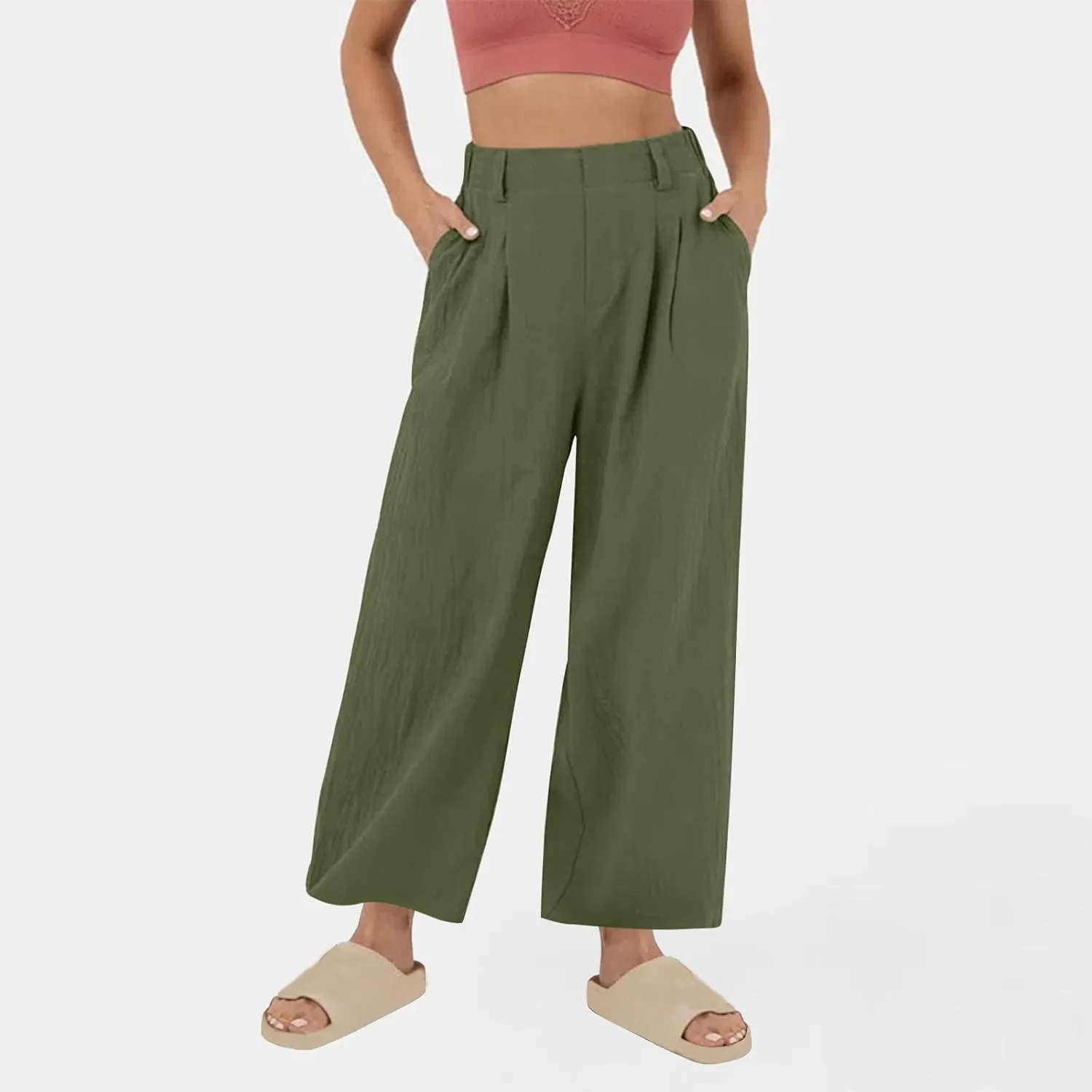 Women Summer Linen Pants Wide Leg High Waisted Capris Casaul Loose Fit Trousers with Pocket Beach Travel Outfits 2025