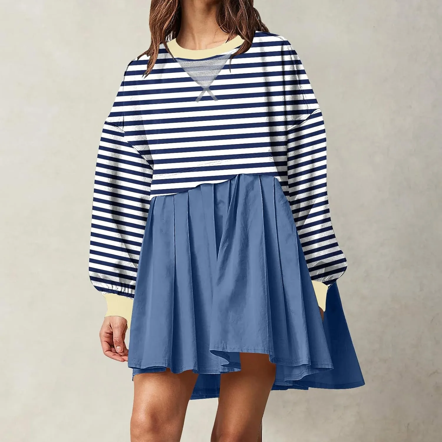 Women Sweatshirts Dress Oversized Striped Long Sleeve Crewneck Pullover Tops Casual Mini Dress Fall Outfits 2024