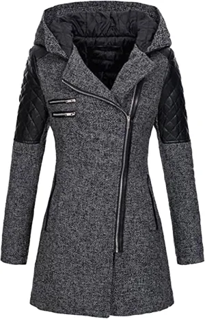 Women Wool Pea Coat Long Sleeve Hooded Long Winter Warm Thick Leather Jackets Zip Up Trench Outerwears Pockets