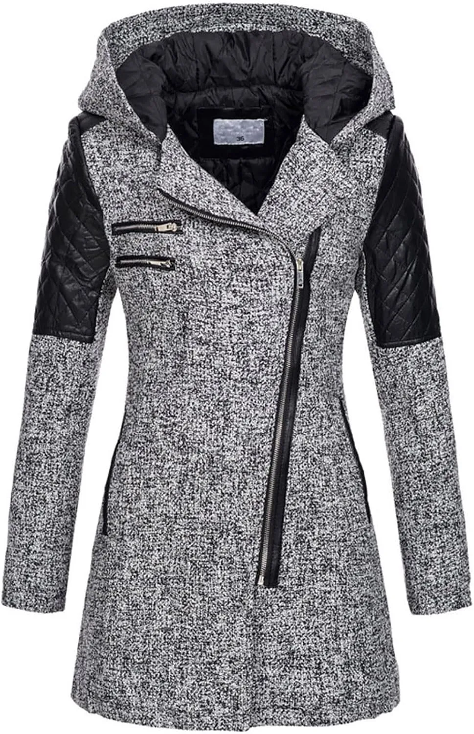Women Wool Pea Coat Long Sleeve Hooded Long Winter Warm Thick Leather Jackets Zip Up Trench Outerwears Pockets