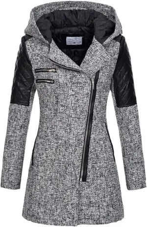 Women Wool Pea Coat Long Sleeve Hooded Long Winter Warm Thick Leather Jackets Zip Up Trench Outerwears Pockets