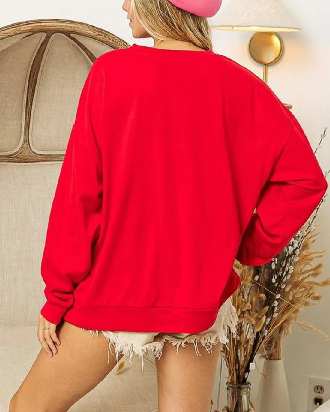 Women Y2k Graphic Sweatshirt Cute Heart Drop Shoulder Long Sleeve Pullover Top Oversized Holiday Tops