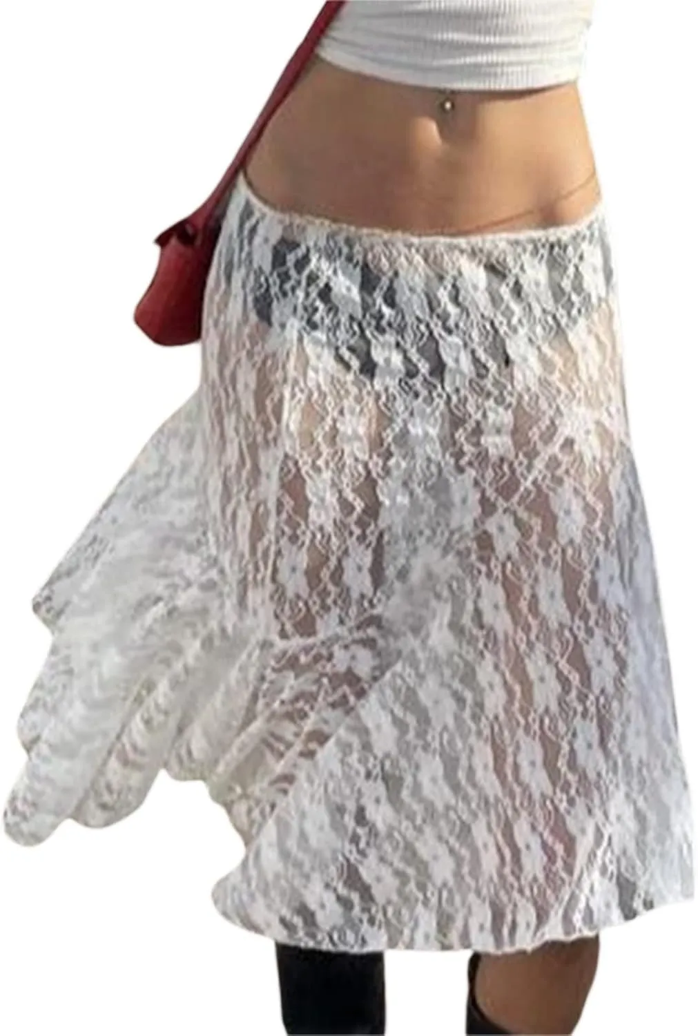 Women Y2k Lace Maxi Skirt Summer Sexy See Through Long Lace Skirt Casual Boho Fairy Grunge Midi Lace Skirt