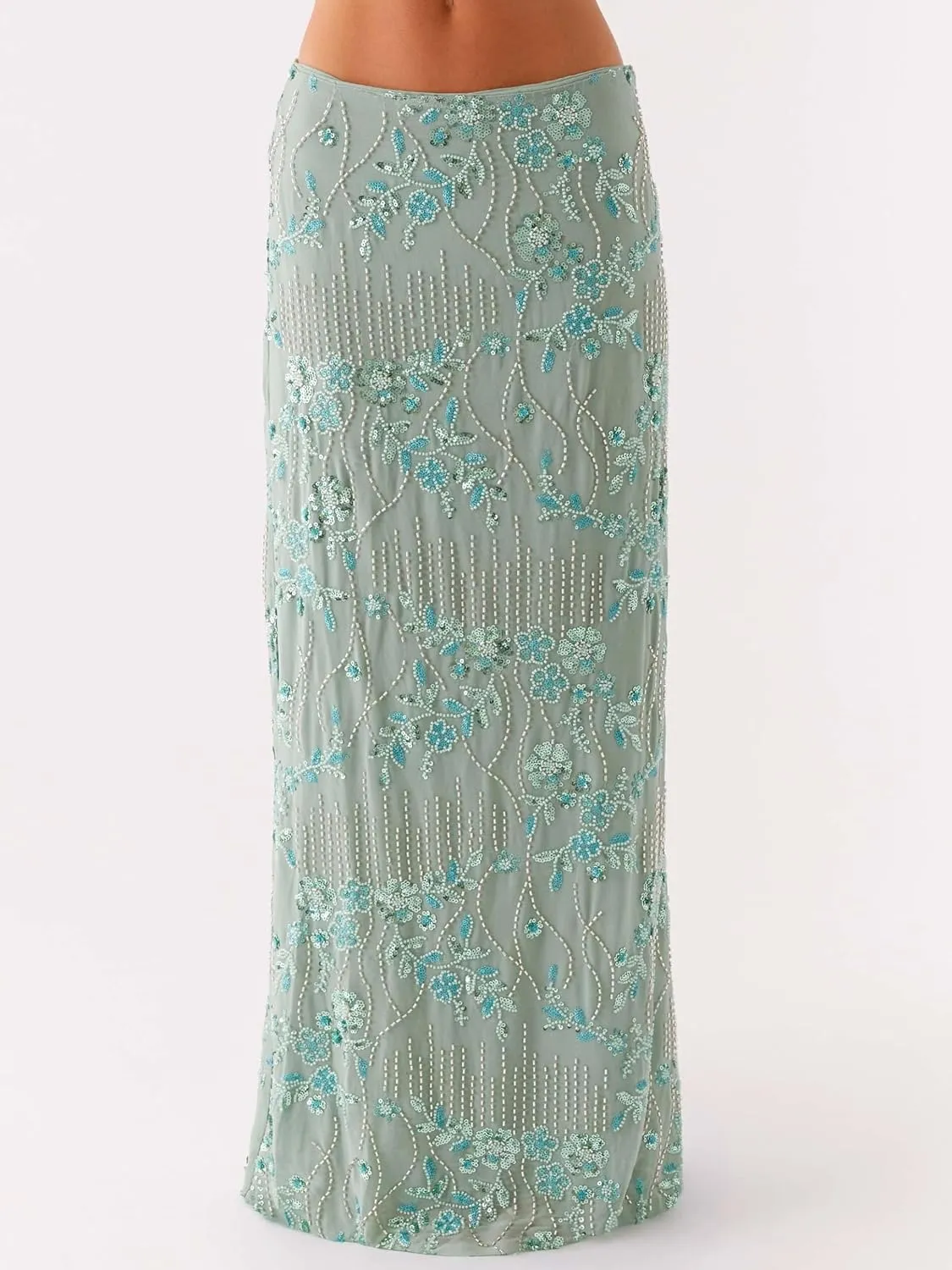 Women Y2k Sequin Long Skirt Sparkly Beaded Floral Maxi Skirt Rhinestone Glitter Midi Skirt Streetwear