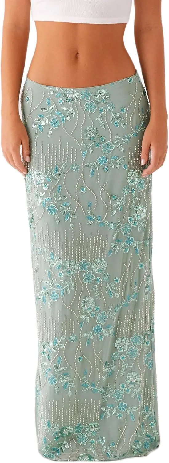 Women Y2k Sequin Long Skirt Sparkly Beaded Floral Maxi Skirt Rhinestone Glitter Midi Skirt Streetwear