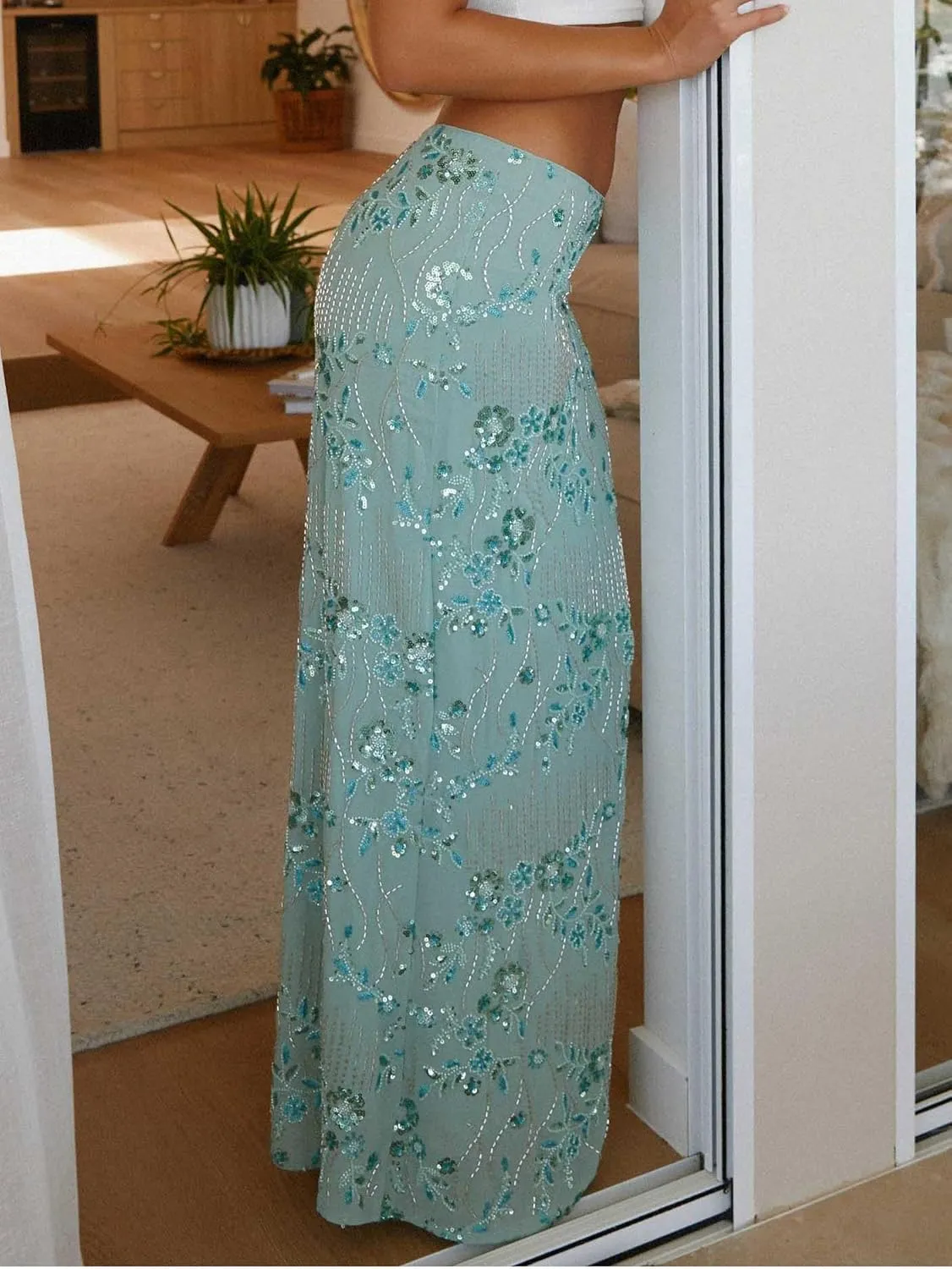 Women Y2k Sequin Long Skirt Sparkly Beaded Floral Maxi Skirt Rhinestone Glitter Midi Skirt Streetwear