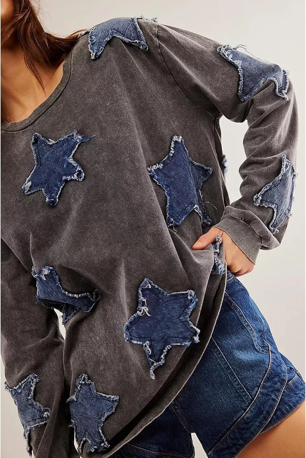 Women Y2k Star Graphic Sweatshirt Oversized Crewneck Long Sleeve Sweater Shirt Aesthetic Vintage Sweatshirt Hoodie