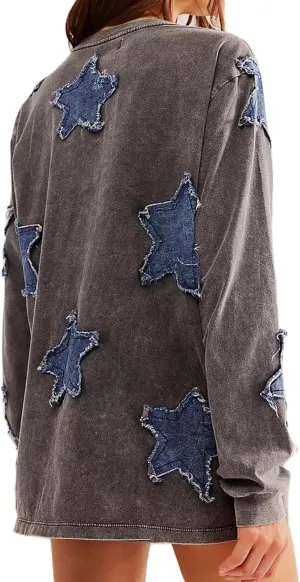 Women Y2k Star Graphic Sweatshirt Oversized Crewneck Long Sleeve Sweater Shirt Aesthetic Vintage Sweatshirt Hoodie