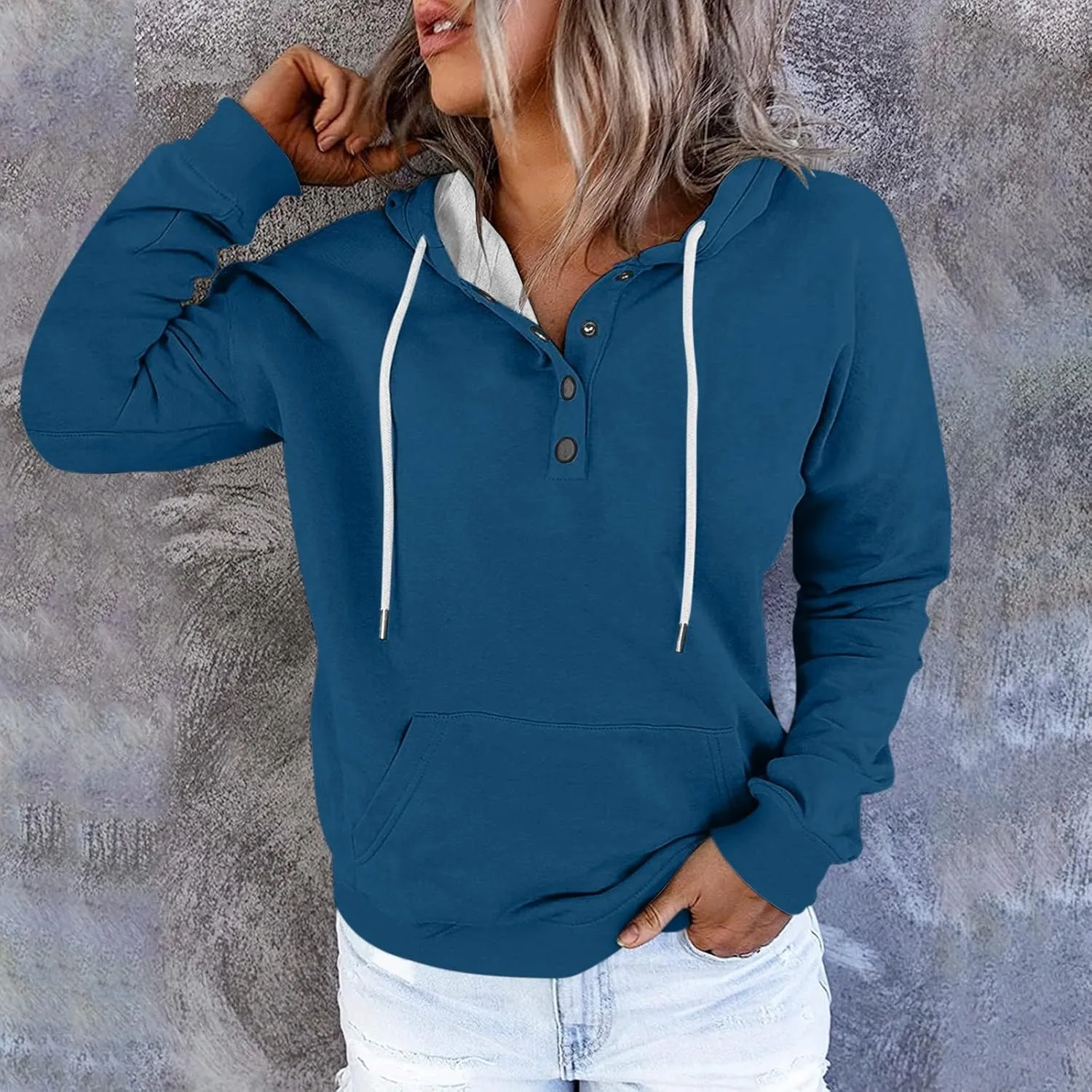 Womens 2024 Hooded Casual Button Collar Drawstring Hoodies Fall Fashion Plain Tunic Hoodies Sweatshirts
