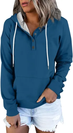 Womens 2024 Hooded Casual Button Collar Drawstring Hoodies Fall Fashion Plain Tunic Hoodies Sweatshirts