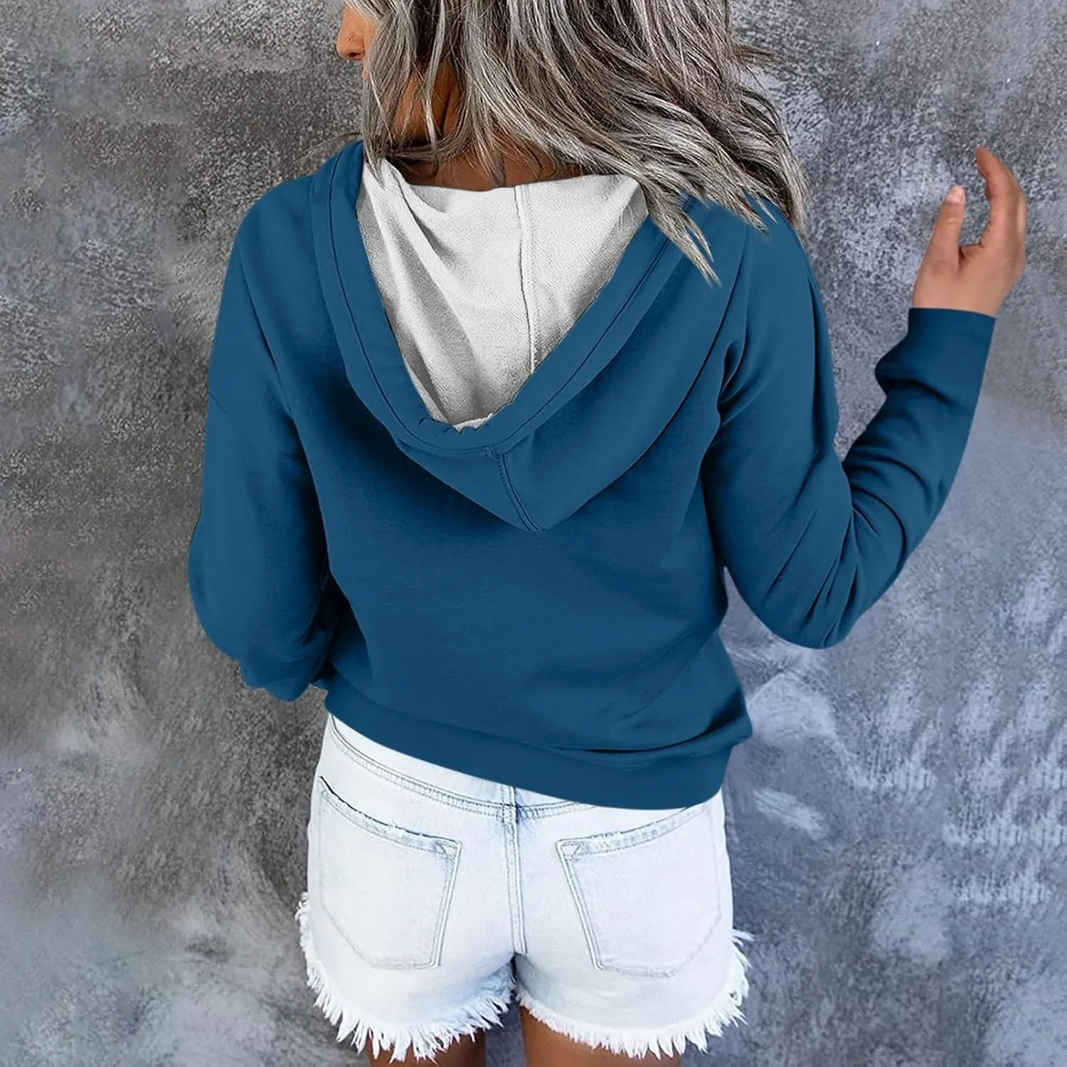 Womens 2024 Hooded Casual Button Collar Drawstring Hoodies Fall Fashion Plain Tunic Hoodies Sweatshirts