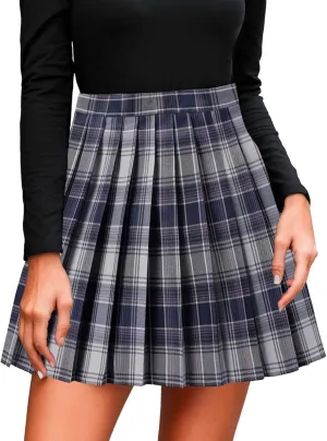 Women's A-line Plaid Skater Pleated Skirts, High Waist Short Mini Y2K Style Tennis Skirt Skort for School Women