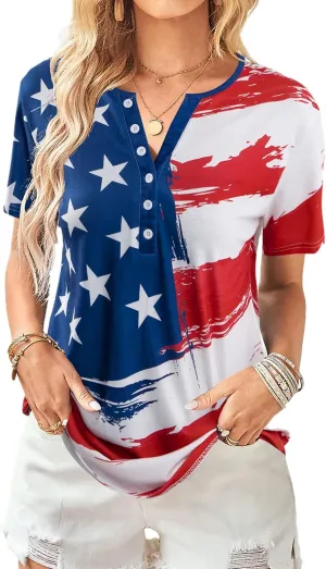 Womens American Flag Shirt Patriotic T-Shirt USA Flag Tee 4th of July Tees Vintage V Neck Shirt Summer Short Sleeve Tops