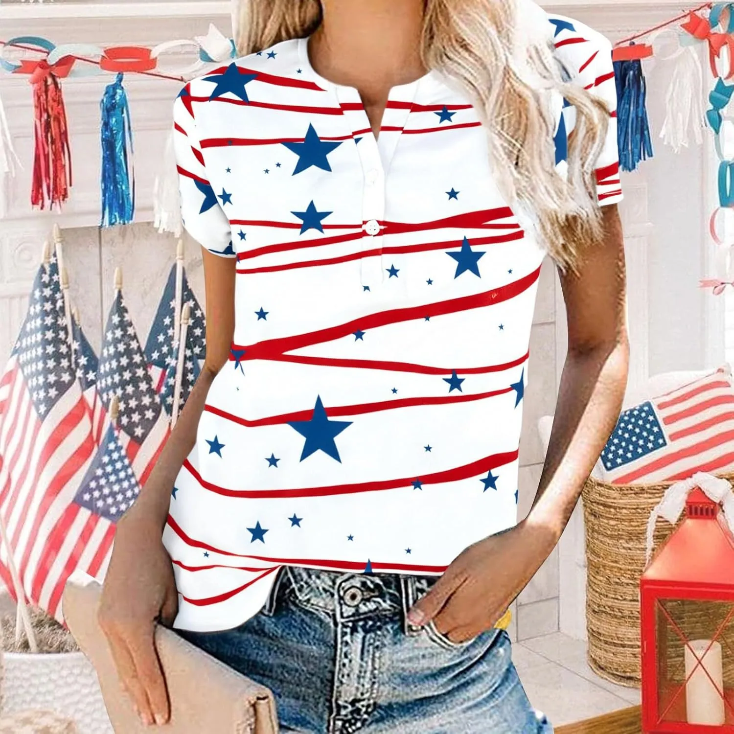 Womens American Flag Shirt Patriotic T-Shirt USA Flag Tee 4th of July Tees Vintage V Neck Shirt Summer Short Sleeve Tops