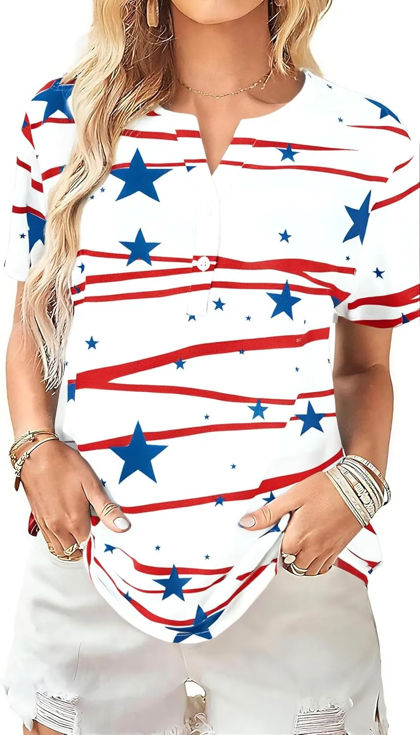 Womens American Flag Shirt Patriotic T-Shirt USA Flag Tee 4th of July Tees Vintage V Neck Shirt Summer Short Sleeve Tops