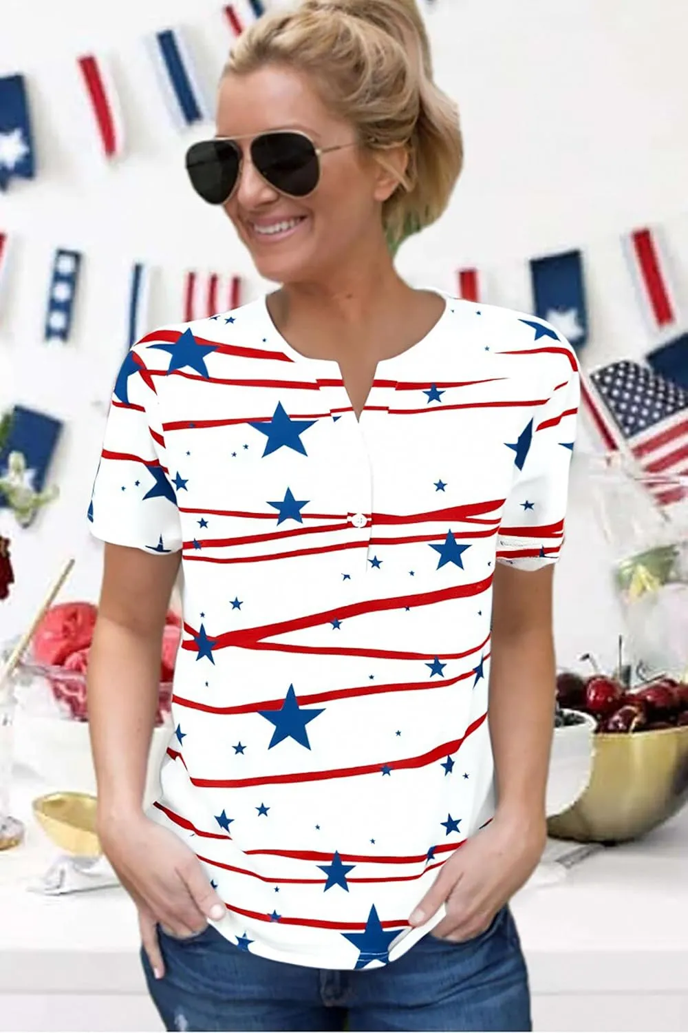 Womens American Flag Shirt Patriotic T-Shirt USA Flag Tee 4th of July Tees Vintage V Neck Shirt Summer Short Sleeve Tops