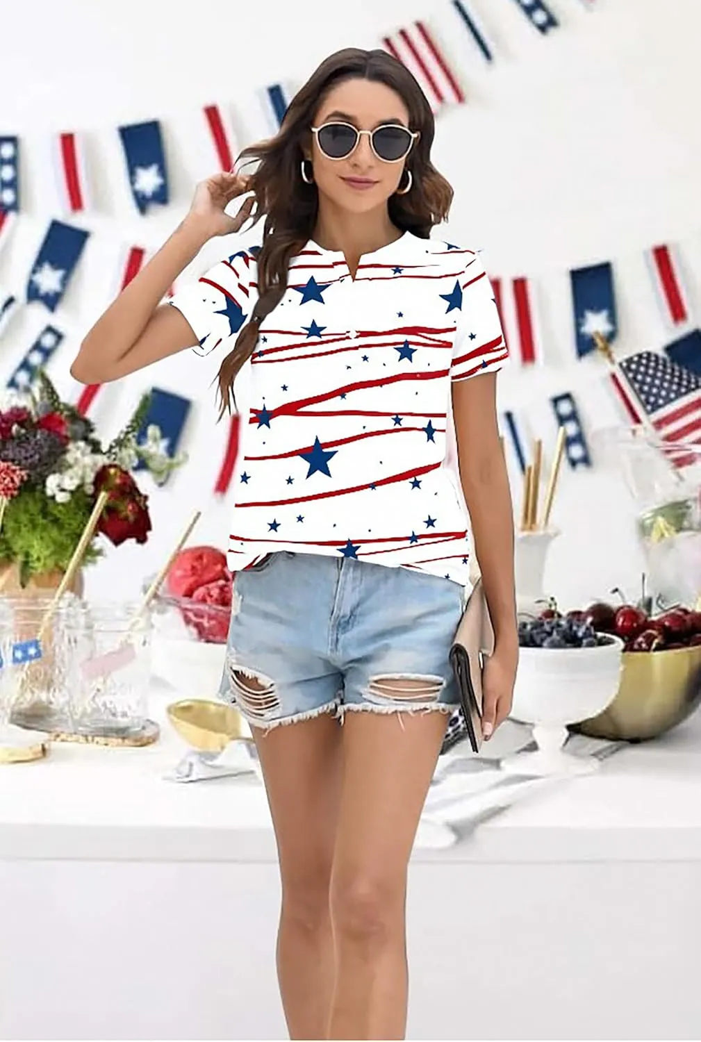 Womens American Flag Shirt Patriotic T-Shirt USA Flag Tee 4th of July Tees Vintage V Neck Shirt Summer Short Sleeve Tops
